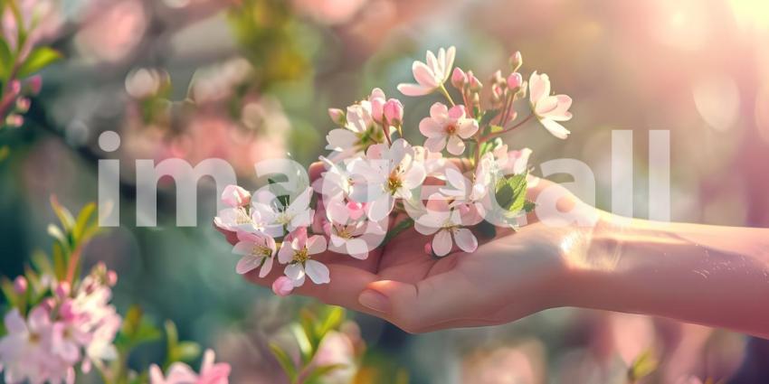 Woman Hand Holding Bunch of Spring Flowers background - Ai Generated