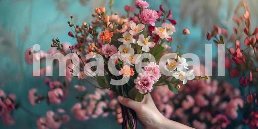 Woman Hand Holding Bunch of Spring Flowers background - Ai Generated