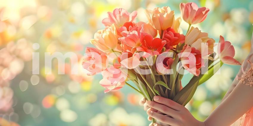 Woman Hand Holding Bunch of Spring Flowers background - Ai Generated