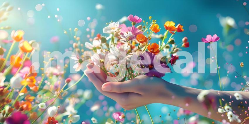 Woman Hand Holding Bunch of Spring Flowers background - Ai Generated