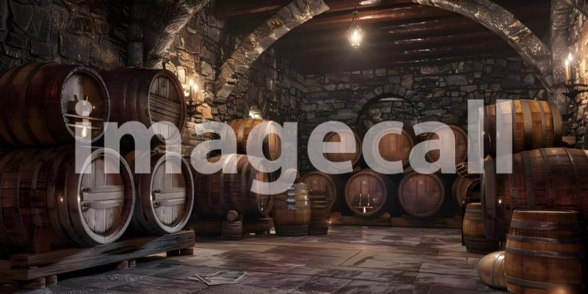 Wine Barrels in an Old Dark Wine Cellar Stack background - Ai Generated