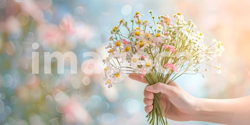 Woman Hand Holding Bunch of Spring Flowers background - Ai Generated