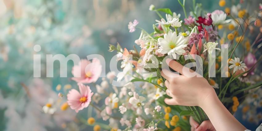 Woman Hand Holding Bunch of Spring Flowers background - Ai Generated