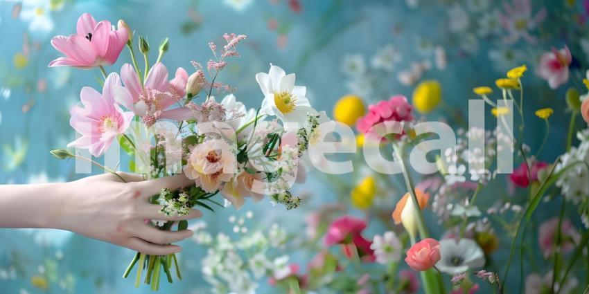 Woman Hand Holding Bunch of Spring Flowers background - Ai Generated