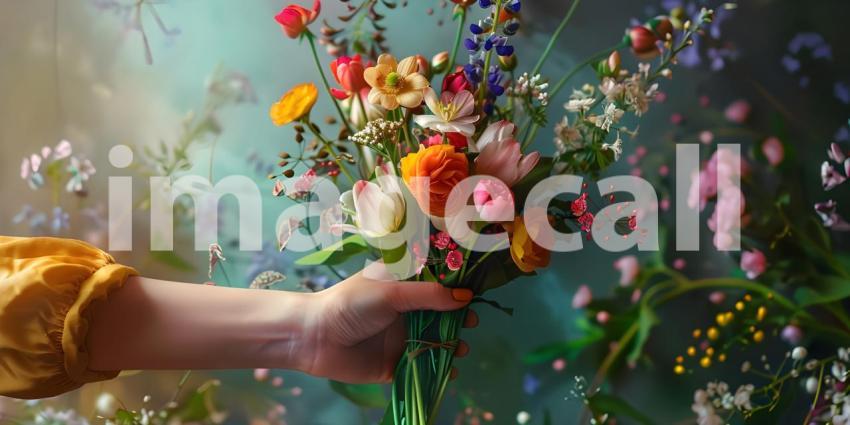 Woman Hand Holding Bunch of Spring Flowers background - Ai Generated