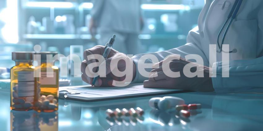 Doctor writing a medical prescription for patient background - Ai Generated