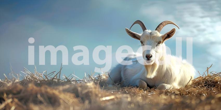 Eid ul Adha Goat resting on hay with copy space for text background - Ai Generated