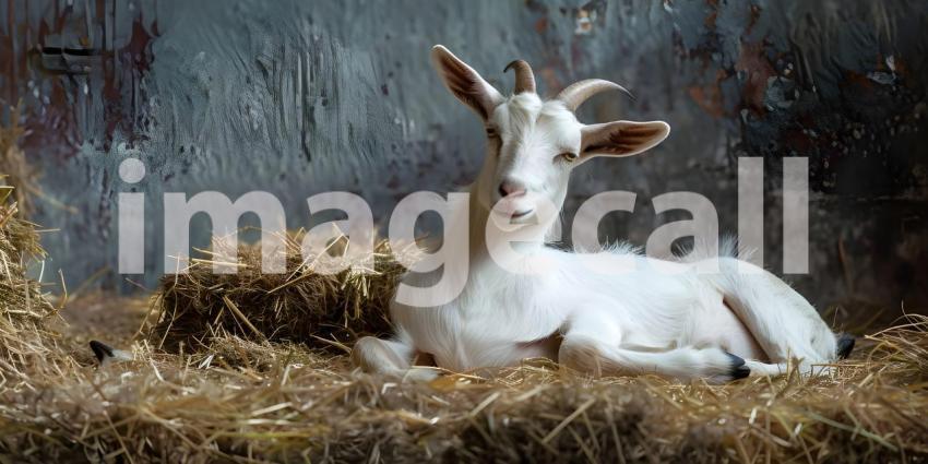 Eid ul Adha Goat resting on hay with copy space for text background - Ai Generated