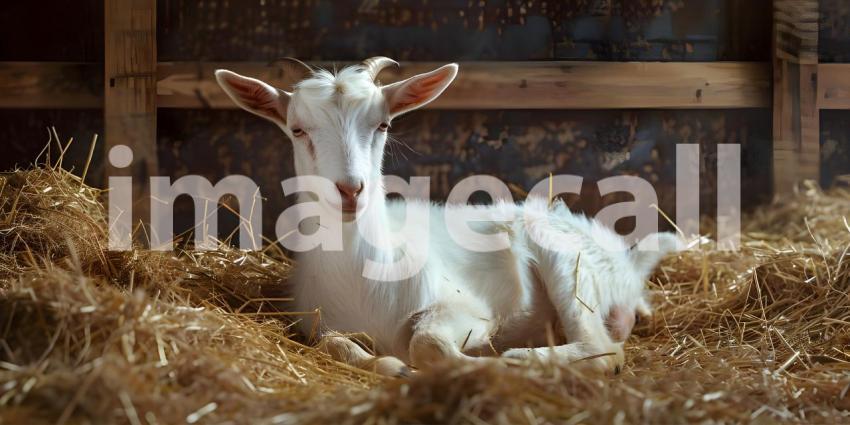 Eid ul Adha Goat resting on hay with copy space for text background - Ai Generated