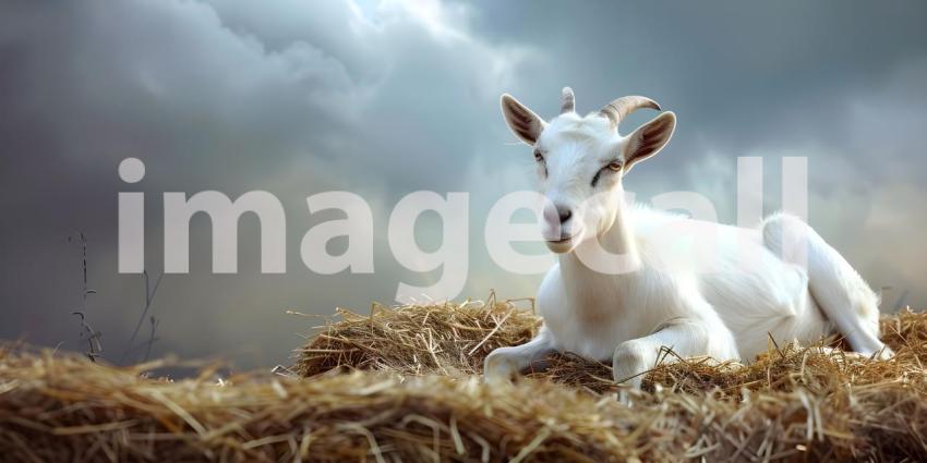Eid ul Adha Goat resting on hay with copy space for text background - Ai Generated