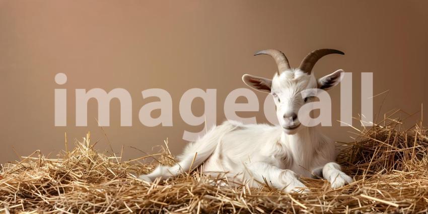 Eid ul Adha Goat resting on hay with copy space for text background - Ai Generated