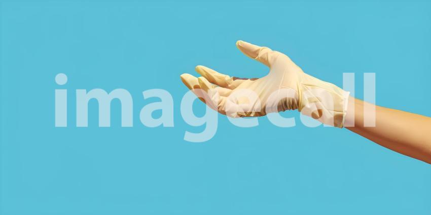 Hand in medical gloves on Light blue background - Ai Generated