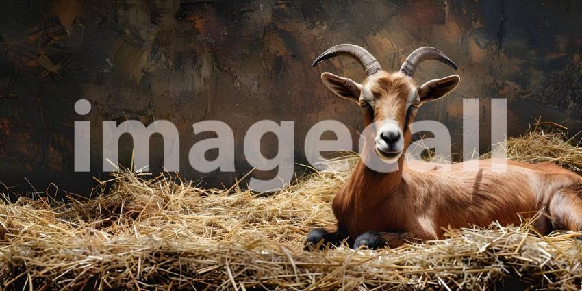 Eid ul Adha Goat resting on hay with copy space for text background - Ai Generated