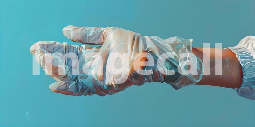 Hand in medical gloves on Light blue background - Ai Generated