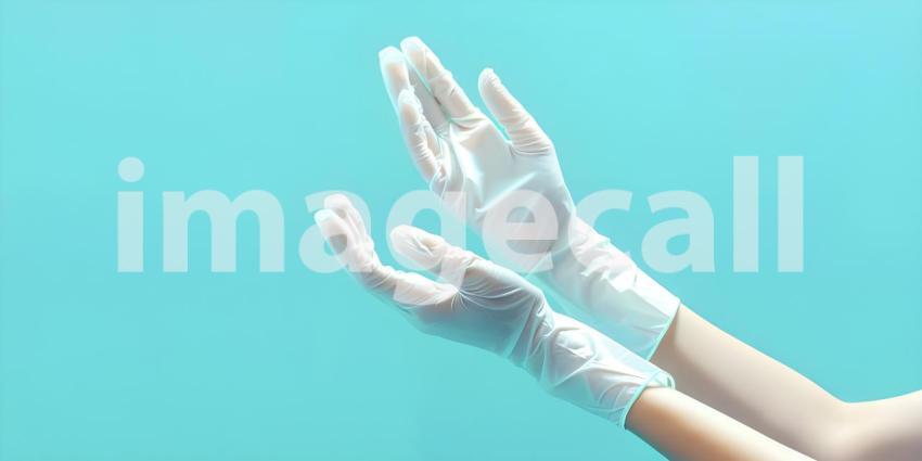 Hand in medical gloves on Light blue background - Ai Generated