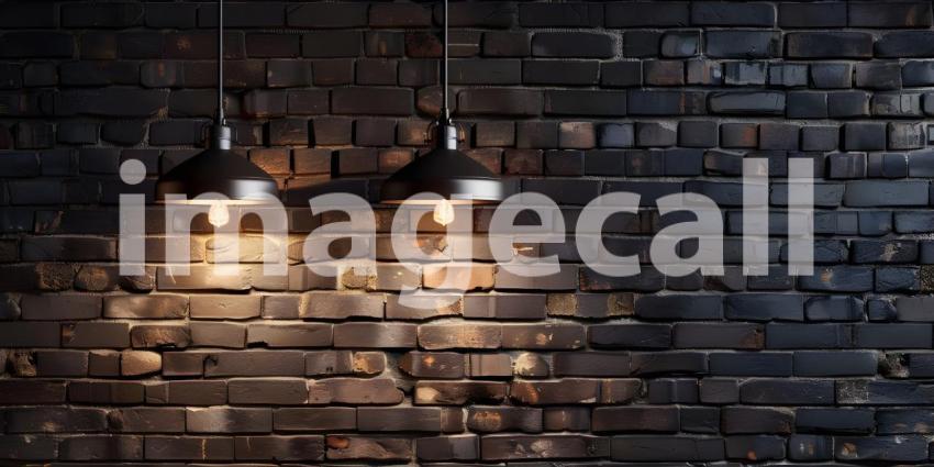 Hanging spotlight illuminate at brick dark wall background with copy space - Ai Generated