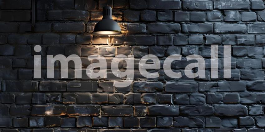 Hanging spotlight illuminate at brick dark wall background with copy space - Ai Generated