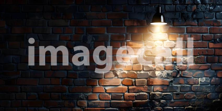 Hanging spotlight illuminate at brick dark wall background with copy space - Ai Generated