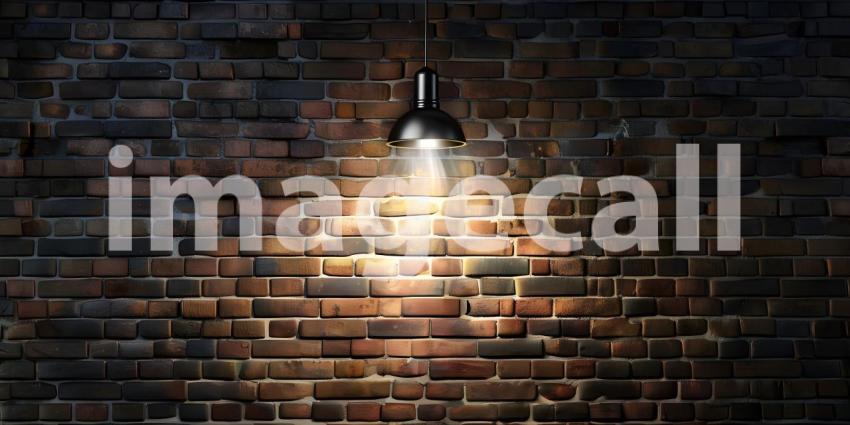 Hanging spotlight illuminate at brick dark wall background with copy space - Ai Generated