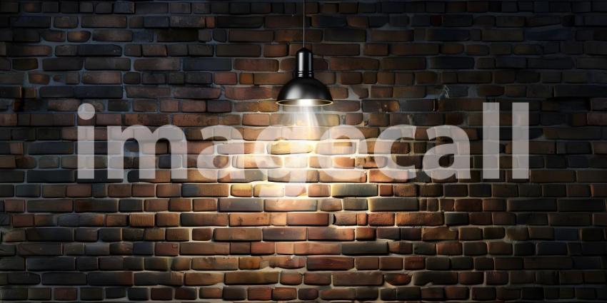 Hanging spotlight illuminate at brick dark wall background with copy space - Ai Generated