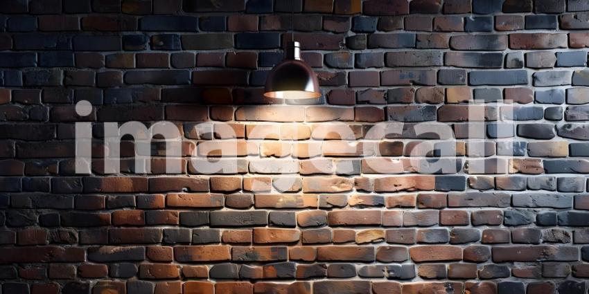 Hanging spotlight illuminate at brick dark wall background with copy space - Ai Generated