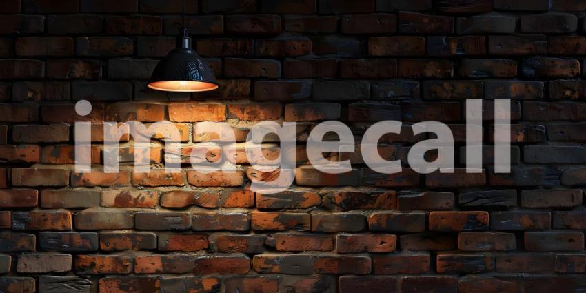 Hanging spotlight illuminate at brick dark wall background with copy space - Ai Generated