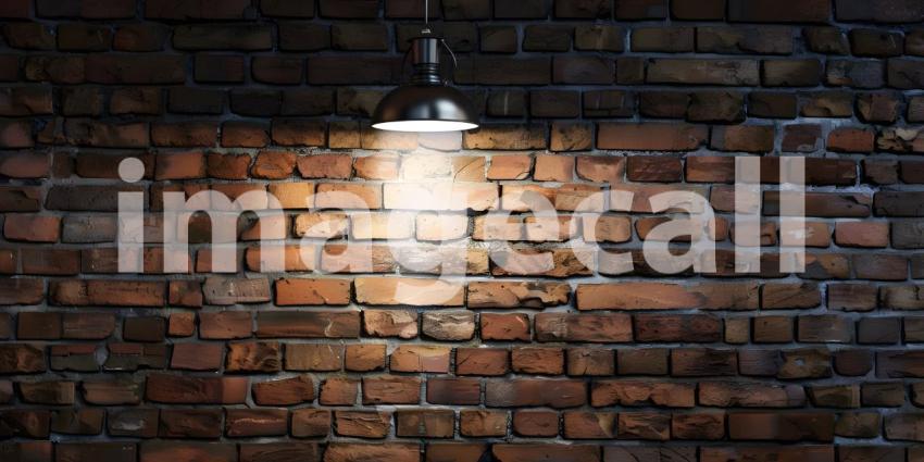 Hanging spotlight illuminate at brick dark wall background with copy space - Ai Generated