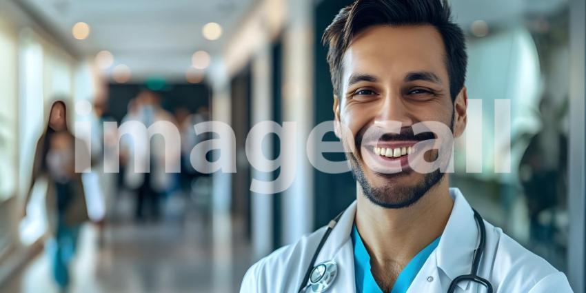 Medical Doctor smiling at camera in hospital with copy space for text background - Ai Generated