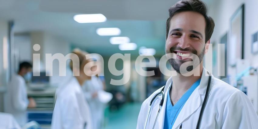 Medical Doctor smiling at camera in hospital with copy space for text background - Ai Generated