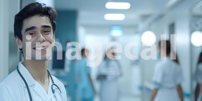 Medical Doctor smiling at camera in hospital with copy space for text background - Ai Generated