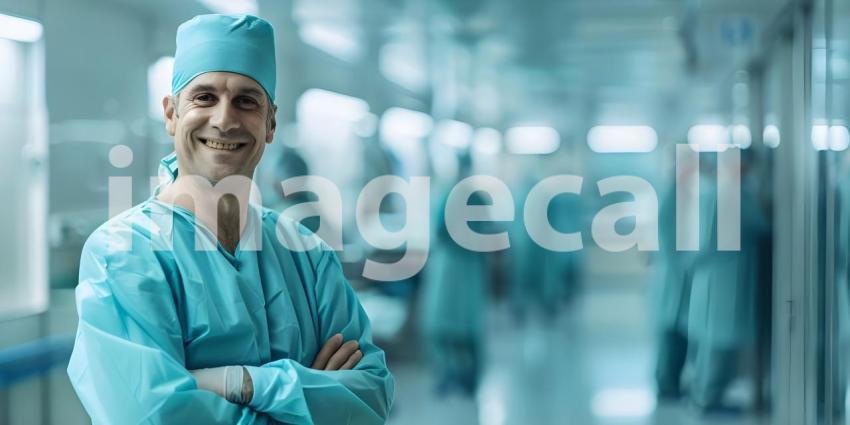 Medical Doctor smiling at camera in hospital with copy space for text background - Ai Generated