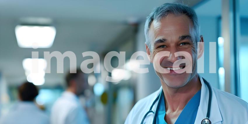 Medical Doctor smiling at camera in hospital with copy space for text background - Ai Generated