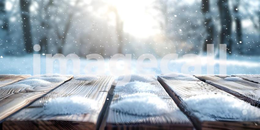 Wooden table top covered in snow in winter background - Ai Generated