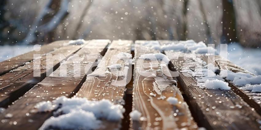 Wooden table top covered in snow in winter background - Ai Generated
