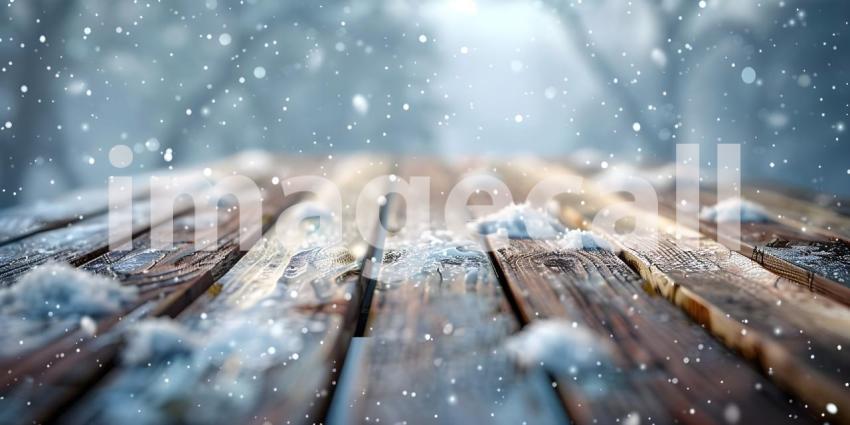 Wooden table top covered in snow in winter background - Ai Generated
