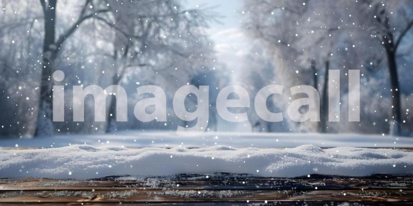 Wooden table top covered in snow in winter background - Ai Generated