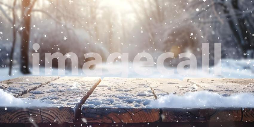 Wooden table top covered in snow in winter background - Ai Generated