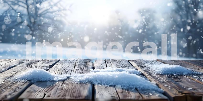Wooden table top covered in snow in winter background - Ai Generated