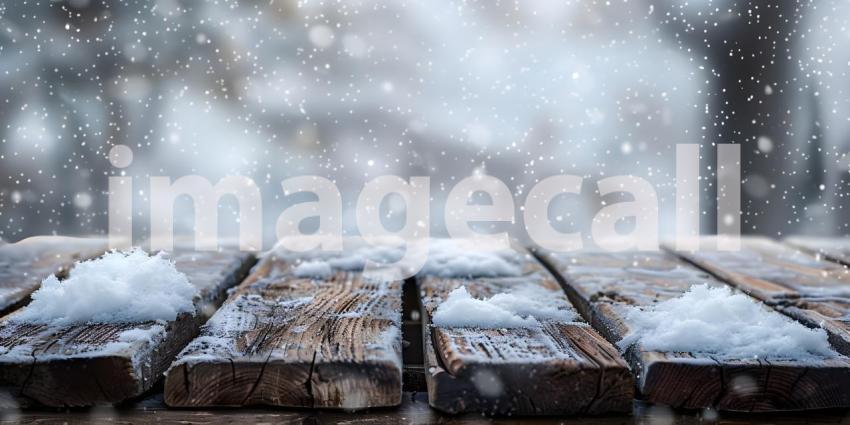 Wooden table top covered in snow in winter background - Ai Generated