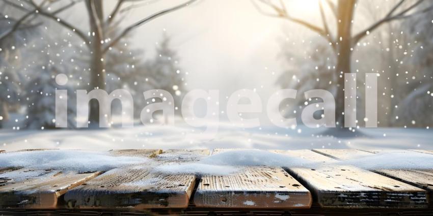 Wooden table top covered in snow in winter background - Ai Generated