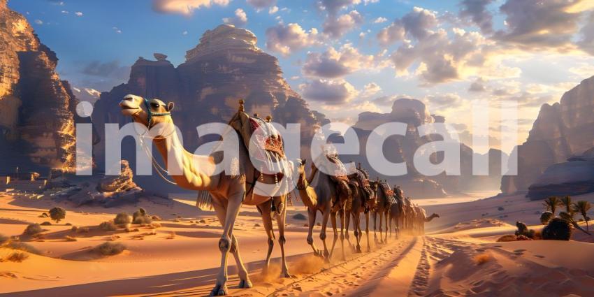 Camels caravan going in desert background - Ai Generated