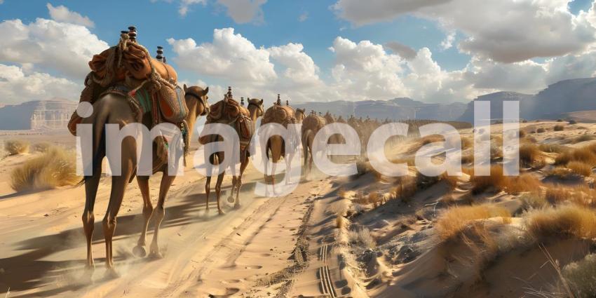 Camels caravan going in desert background - Ai Generated