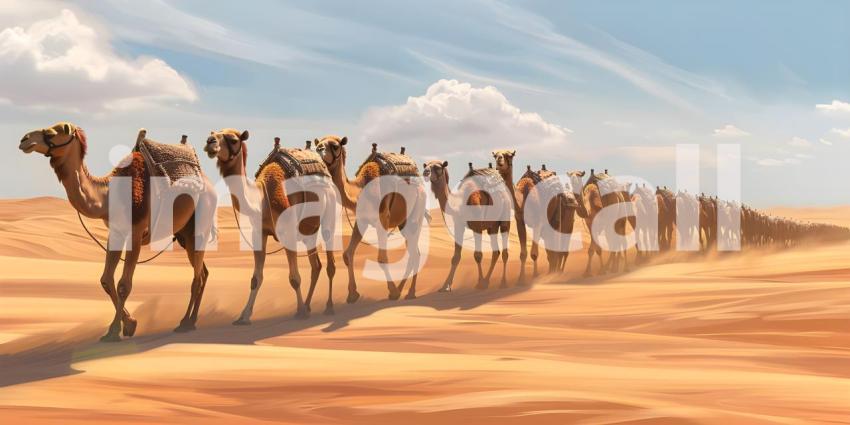 Camels caravan going in desert background - Ai Generated