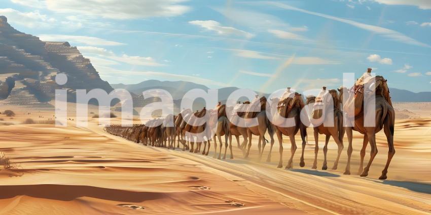 Camels caravan going in desert background - Ai Generated