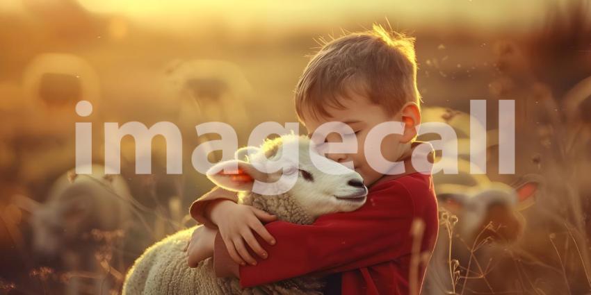 Child hugging a lamb on natural background - Ai Generated