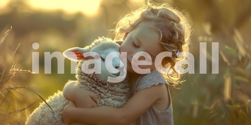 Child hugging a lamb on natural background - Ai Generated