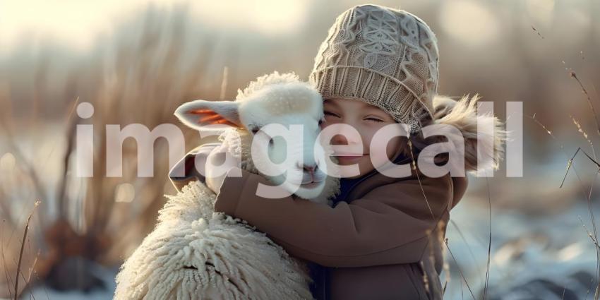 Child hugging a lamb on natural background - Ai Generated