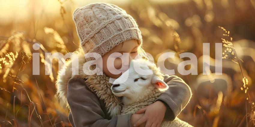 Child hugging a lamb on natural background - Ai Generated