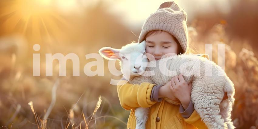 Child hugging a lamb on natural background - Ai Generated