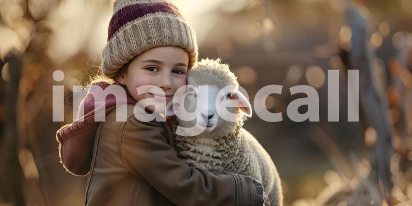 Child hugging a lamb on natural background - Ai Generated